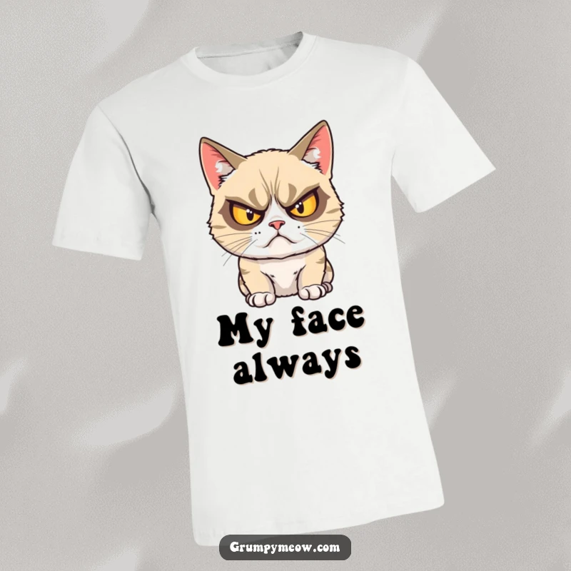 Funny grumpy cat t-shirt showing a cat with exaggerated crossed eyes, glaring with a hilariously annoyed expression.