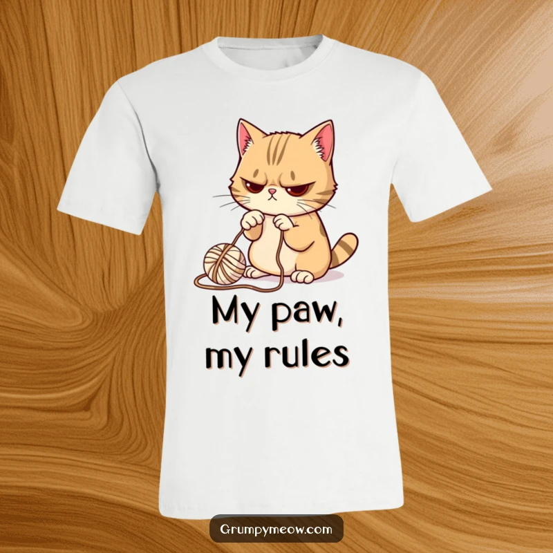 Funny Grumpy Cat T-Shirt: Features a grumpy cat giving a small ball of yarn a reluctant bat with its paw.