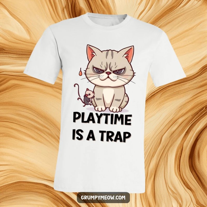 Funny t-shirt depicting a grumpy cat in mid-swat at a dangling toy mouse, capturing a moment of playful, reluctant engagement.