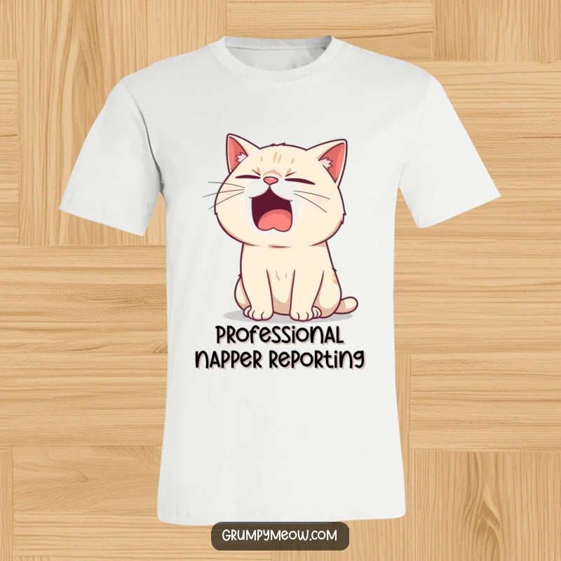 Funny t-shirt with a bored cat yawning widely, a sarcastic twinkle in its eye, perfect for cat lovers who enjoy humor.
