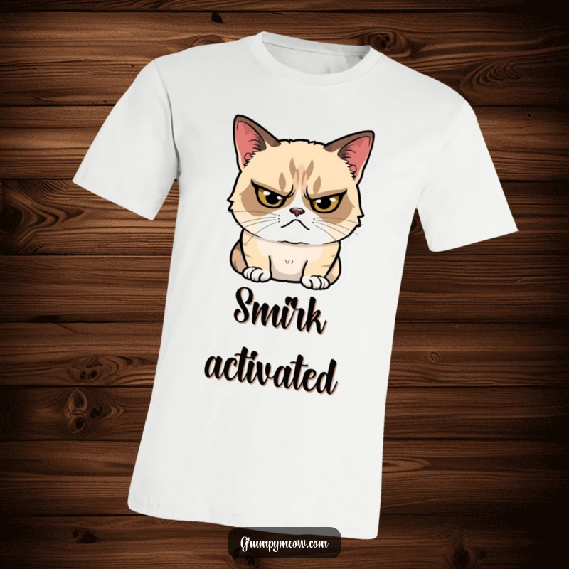 Funny T-Shirt depicting a grumpy cat glaring with an intense expression, yet revealing a tiny, hidden smile, showcasing sly humor.
