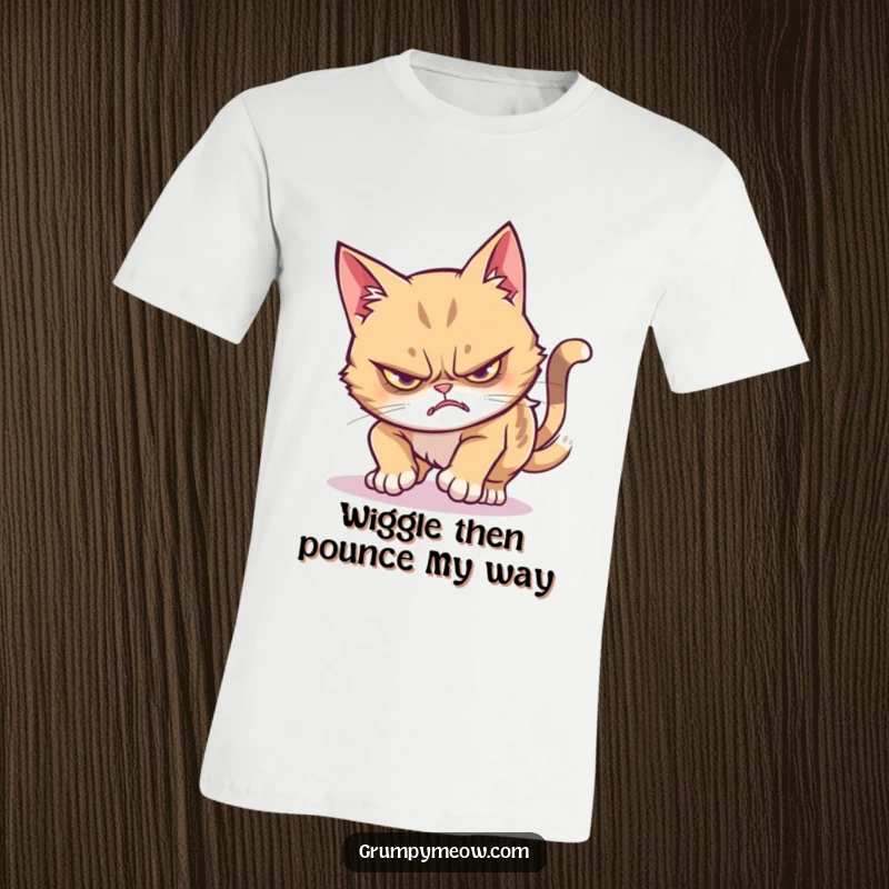 Funny grumpy cat t-shirt depicting a cat failing a stealthy pounce with a funny wiggle, ideal for humor-loving individuals.
