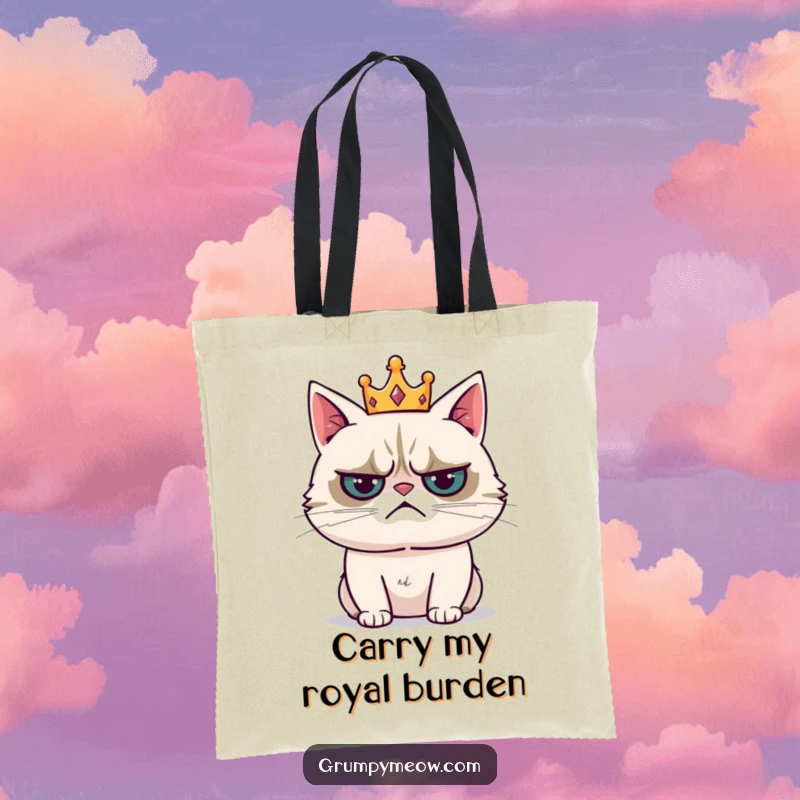Funny tote bag with a grumpy cat wearing a tiny crown and sighing resignedly, ready to conquer its daily duties.