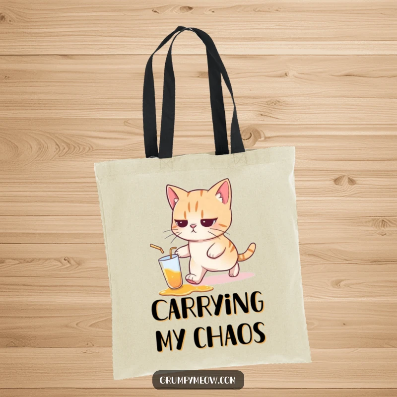 Funny cat tote bag illustration of a resigned cat walking away from a spilled drink, embodying nonchalance and humor.