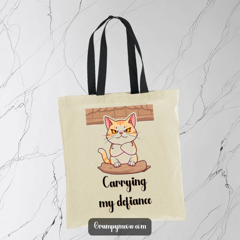 Funny Tote Bag: A defiant cat with folded arms glares from a cozy perch, a symbol of unwavering feline resolve.