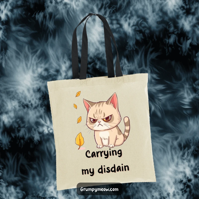 Funny Grumpy Cat Tote Bag: Durable bag featuring a grumpy cat watching a falling leaf, practical and witty.