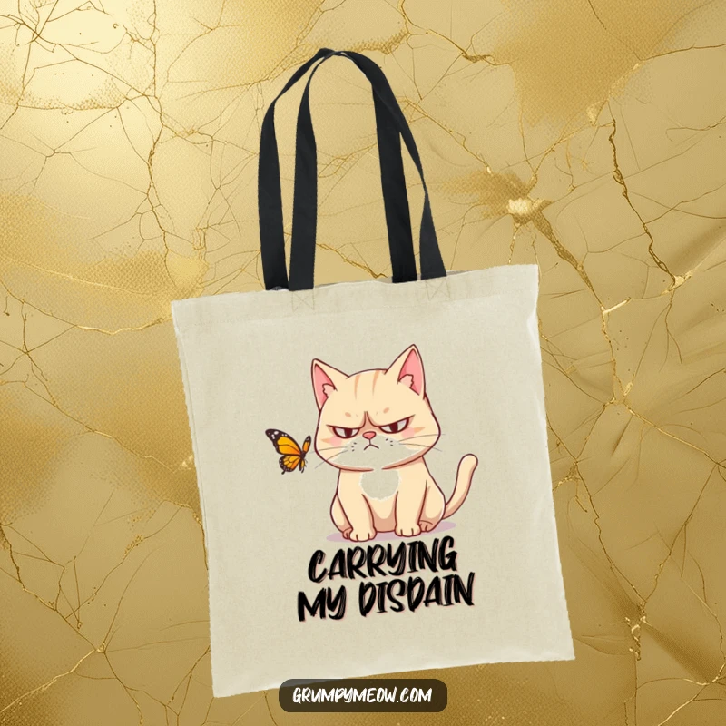Funny tote bag with a grumpy cat looking intensely at a butterfly, symbolizing judgment and providing a humorous, practical accessory.