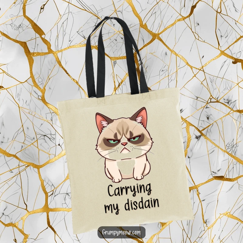 Funny Grumpy Cat Tote Bag: A grumpy cat shows its unimpressed gaze with a slow blink, perfect for sassy carryalls.