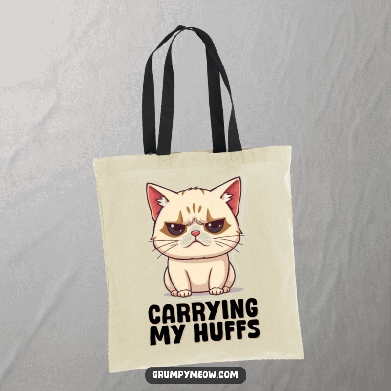 Funny grumpy cat tote bag, unimpressed huff, exhaling sound, vocal disapproval, sarcastic accessory, humorous shopper, gift.