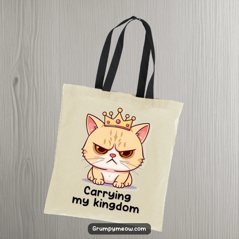 Funny tote bag with a grumpy cat wearing a tiny crown, looking annoyed, perfect for carrying items with humorous feline royalty.