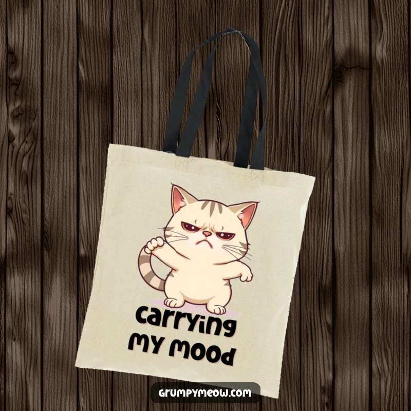 Funny grumpy cat tote bag illustrating a cat performing a minimal, unenthusiastic stretch, perfect for daily errands.
