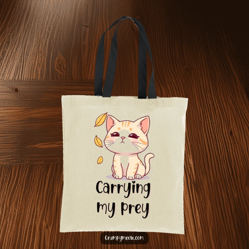Funny tote bag depicting a deadpan cat intently focused on catching a falling leaf, perfect for carrying everyday items.