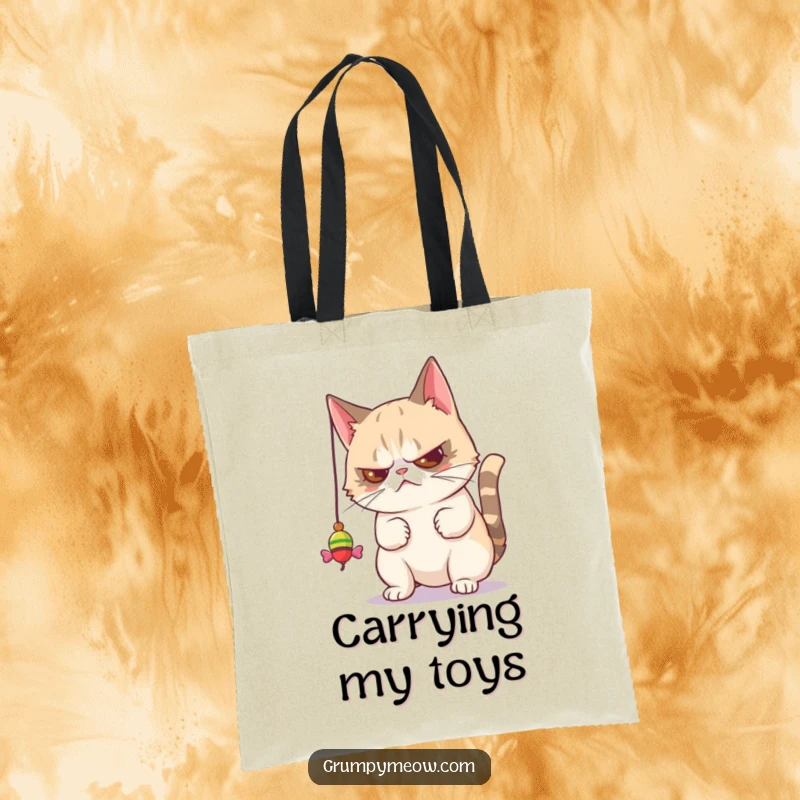 Funny tote bag with a grumpy cat batting a toy disdainfully, perfect for carrying items with a humorous, unimpressed feline attitude.