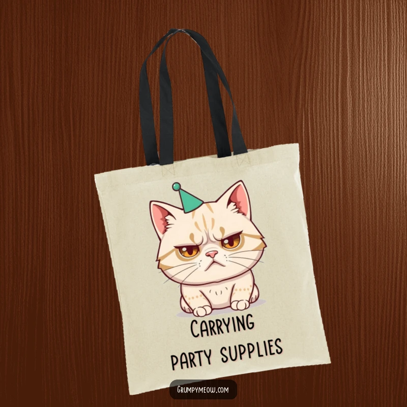 Funny tote bag with a disgruntled cat wearing a tiny, ill-fitting party hat, perfect for ironic humor.