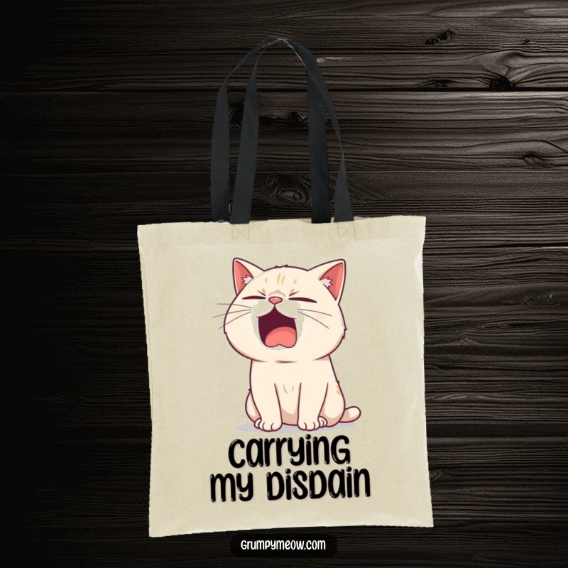 Funny tote bag featuring a bored cat yawning, with a single sarcastic twinkle in its eye, ideal for everyday use.