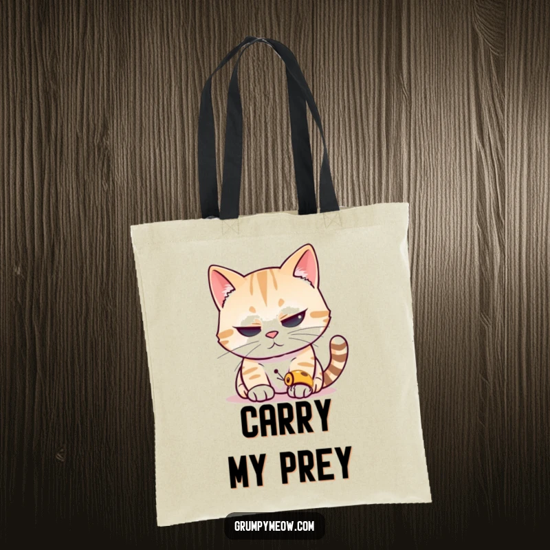 Funny cat tote bag illustration of a squinting cat intently peering at a tiny insect, showcasing its predatory focus.