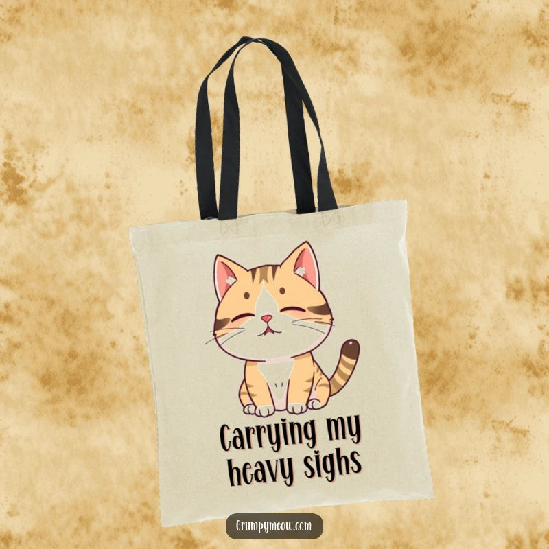 Funny cat tote bag illustration of a cat sighing out a puff of air, perfect for carrying groceries or your daily dose of humor.