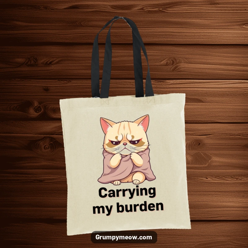 Funny tote bag depicting a grumpy cat sighing under a blanket, offering a humorous and dramatic way to carry your belongings.
