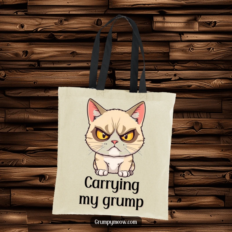 Funny grumpy cat tote bag featuring a cat glaring with intensely crossed eyes, perfect for carrying your attitude.