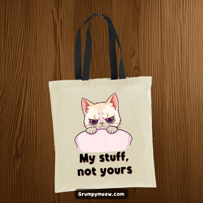 Funny tote bag showcasing a grumpy cat peeking over a cushion, conveying playful curiosity and a touch of sass.