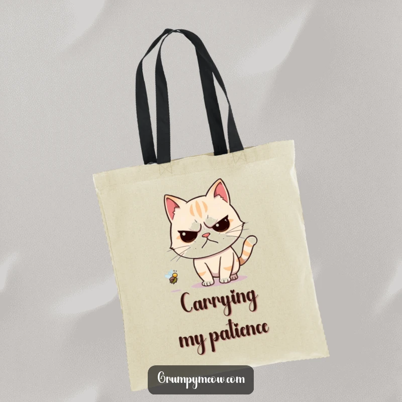 Funny tote bag with a grumpy cat reluctantly chasing a buzzing fly, showcasing its forced effort with humor.
