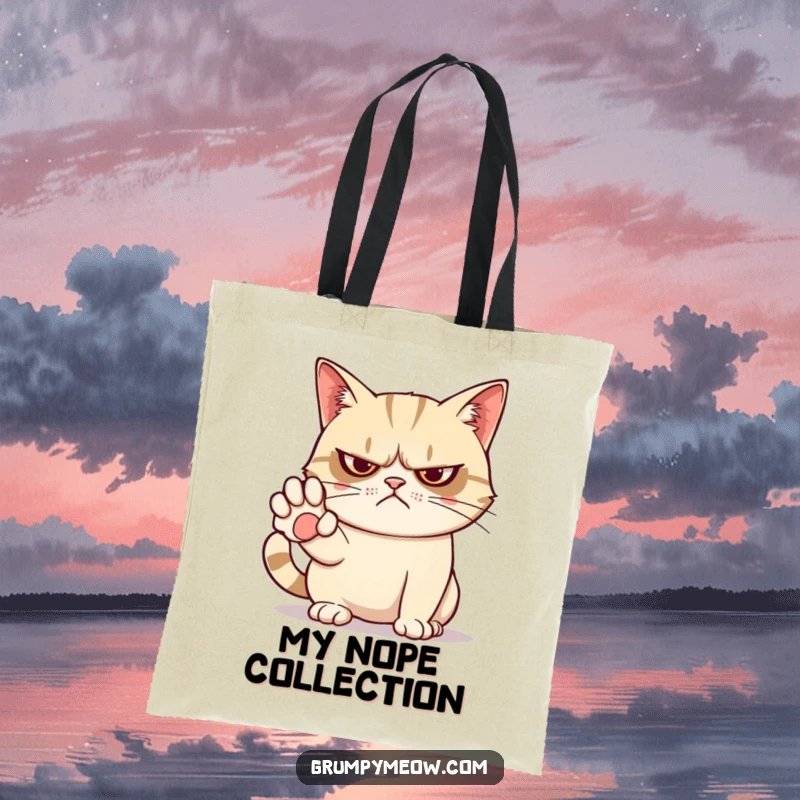 Funny tote bag with a grumpy cat whose outstretched paw clearly communicates a firm and humorous 'no'.