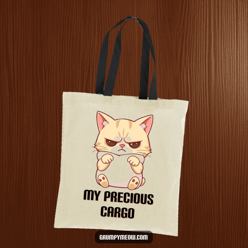 Funny grumpy cat tote bag showing a cat with crossed paws, slightly mollified by the softness of a pillow.