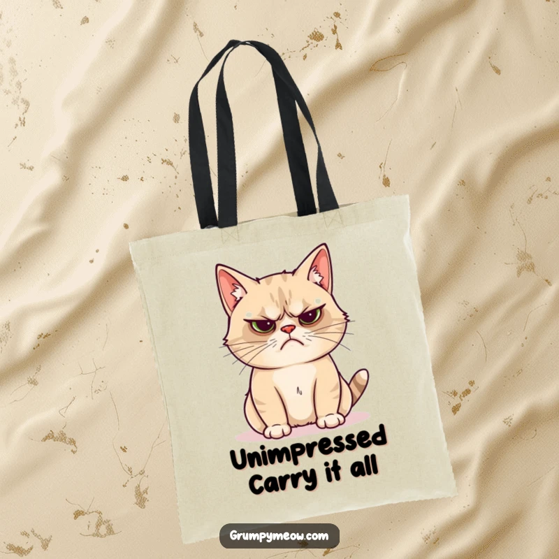 Funny grumpy cat tote bag with a cat unimpressed by a shiny object, a humorous and practical accessory.