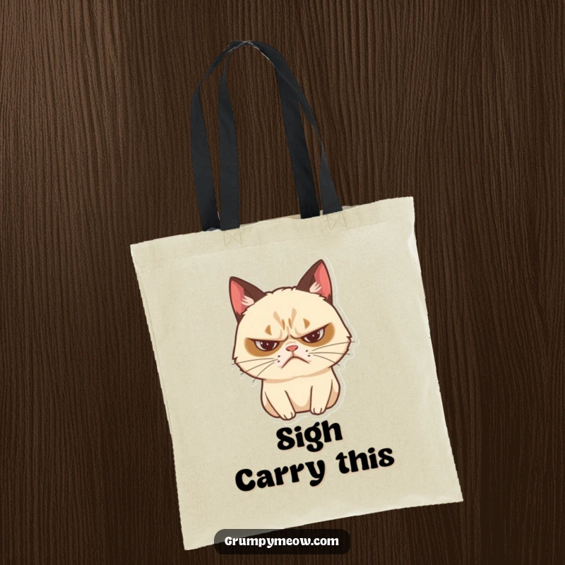 Funny grumpy cat tote bag depicting a dramatic sigh with a frown, a humorous and practical accessory.