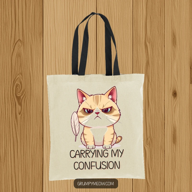 Funny Grumpy Cat Tote Bag: A grumpy cat looks bewildered at a fluttering feather, perfect for sassy carryalls.