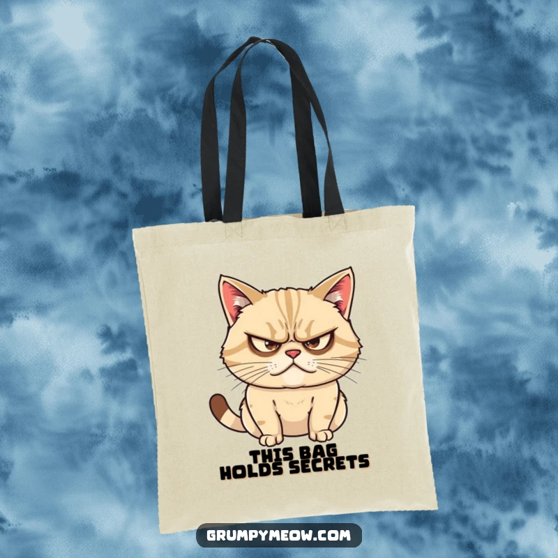 Funny tote bag showing a grumpy cat with narrowed eyes, eyes focused on plotting mischief and causing delightful chaos.
