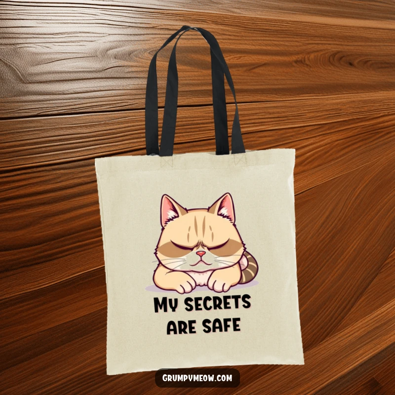 Funny tote bag with a grumpy cat feigning sleep but with watchful eyes, symbolizing secret observation and humorous utility.