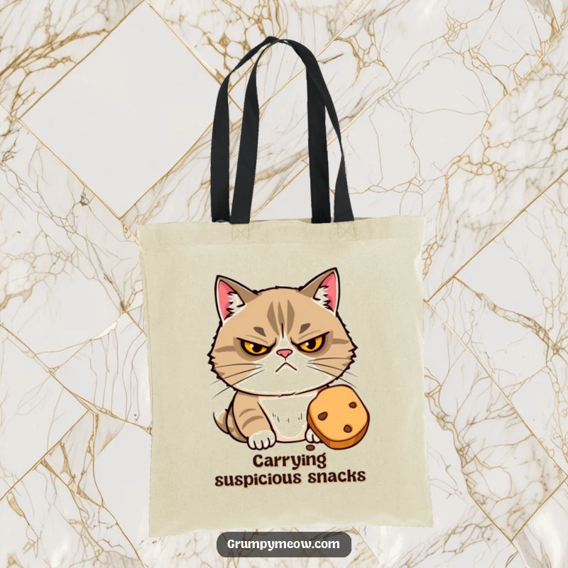 Funny tote bag with a grumpy cat suspiciously eyeing a tempting treat, illustrating a moment of focused desire and caution.