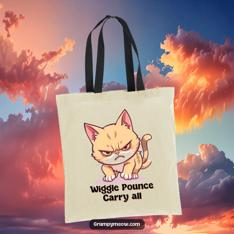 Funny grumpy cat tote bag illustrating a stealthy pounce concluding in a humorous wiggle, a practical and amusing accessory.