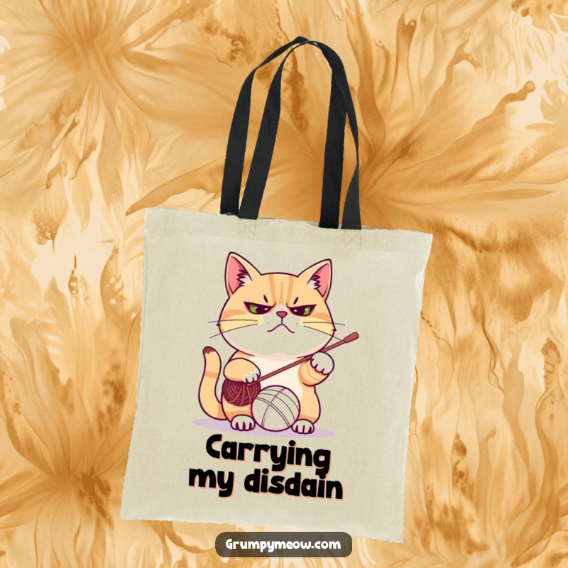 Funny tote bag showcasing a disgruntled cat with a scowl, playfully attacking a unraveling yarn ball, a common and humorous cat scenario.
