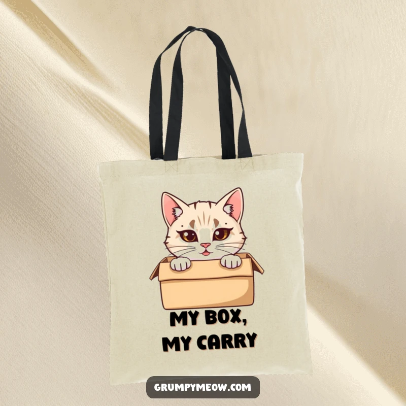 Funny Tote Bag: A cat with furrowed brows peeks from a cardboard box, adding a humorous and charming touch to everyday carrying.