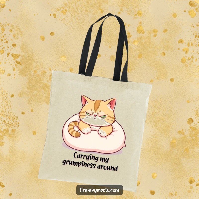 Funny Tote Bag: A scowling cat attempts to nap on a pillow, showing a classic grumpy feline demeanor.