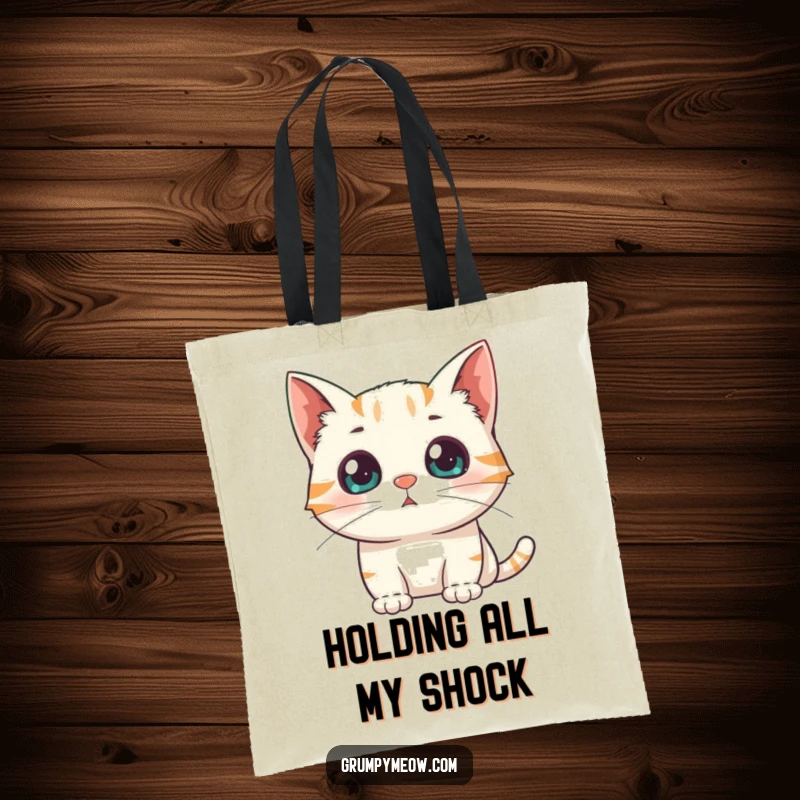 Funny Tote Bag: A cat’s pupils are huge with surprise as it stares at an unexpected sudden appearance.