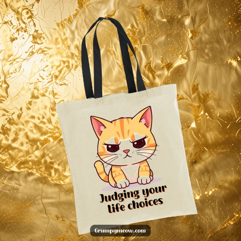 Funny Tote Bag: An unimpressed cat with crooked whiskers gives a brightly colored item a look of pure disdain.