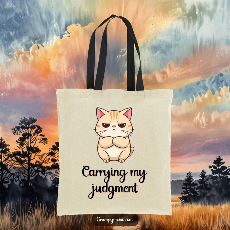 Funny Tote Bag: A round cat with crossed arms looking unimpressed but curious, adding a humorous and practical touch to everyday use.