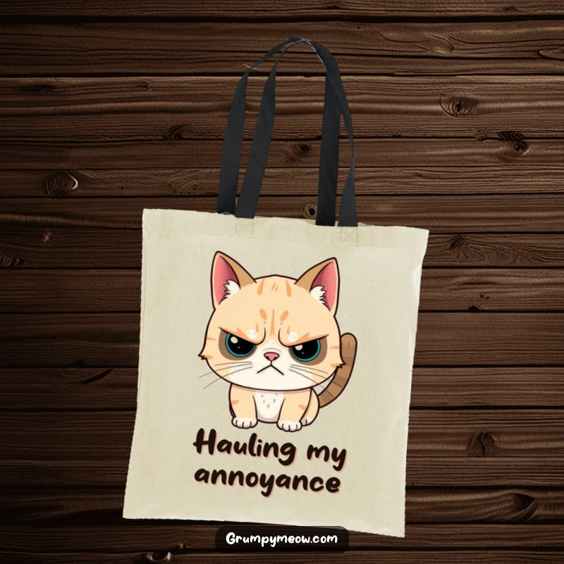 Funny tote bag featuring a grumpy cat with a twitchy demeanor during a head scratch, symbolizing reluctant cat affection.