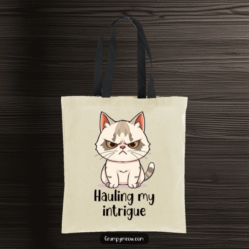 Funny Grumpy Cat Tote Bag: Practical bag featuring a grumpy cat with a scowl and a curiously twitching tail.