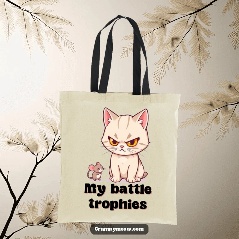 Funny cat tote bag illustration of a stern cat batting a small mouse toy, conveying playful aggression and mock seriousness.