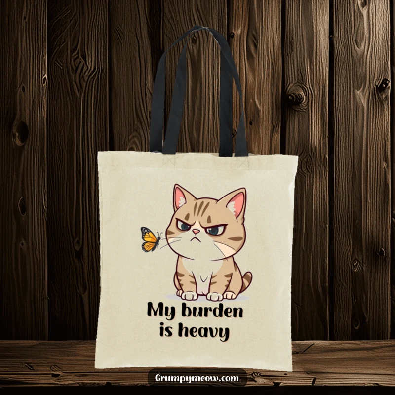 Funny tote bag with a grumpy cat ignoring a playful butterfly fluttering nearby, expressing humorous annoyance.