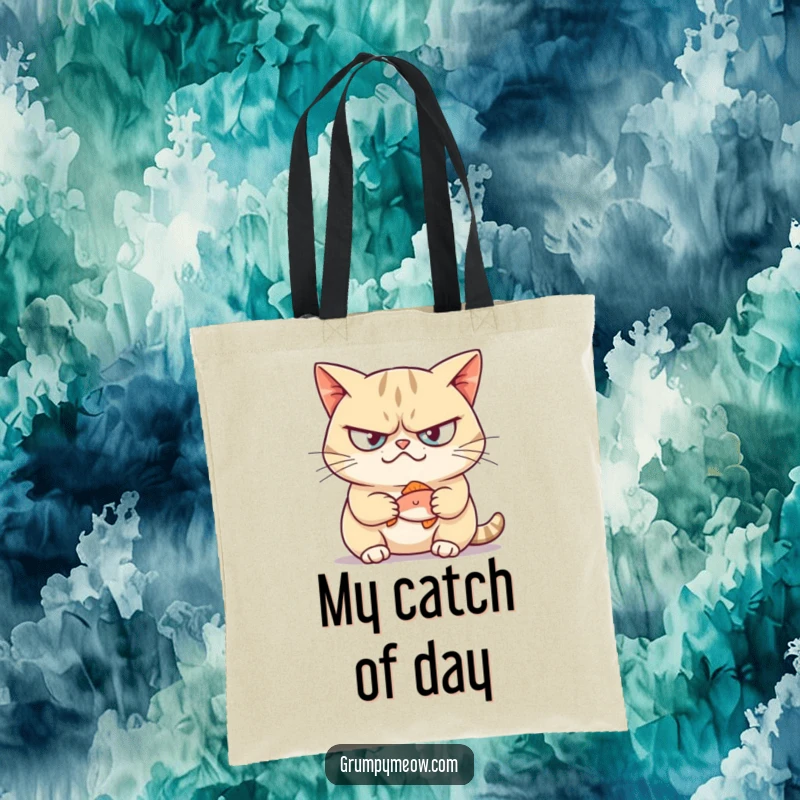 Funny tote bag with a grumpy cat smirking and holding a tiny fish, perfect for carrying daily treasures.