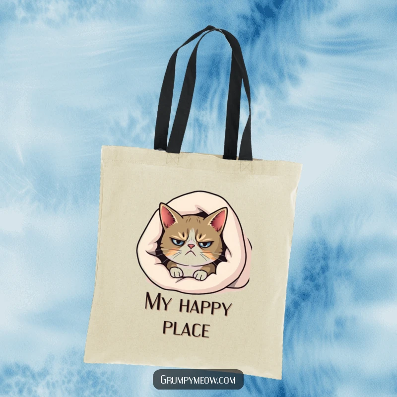 Funny grumpy cat tote bag, peeking from under a blanket with a frown, conveying a humorous need for quiet.