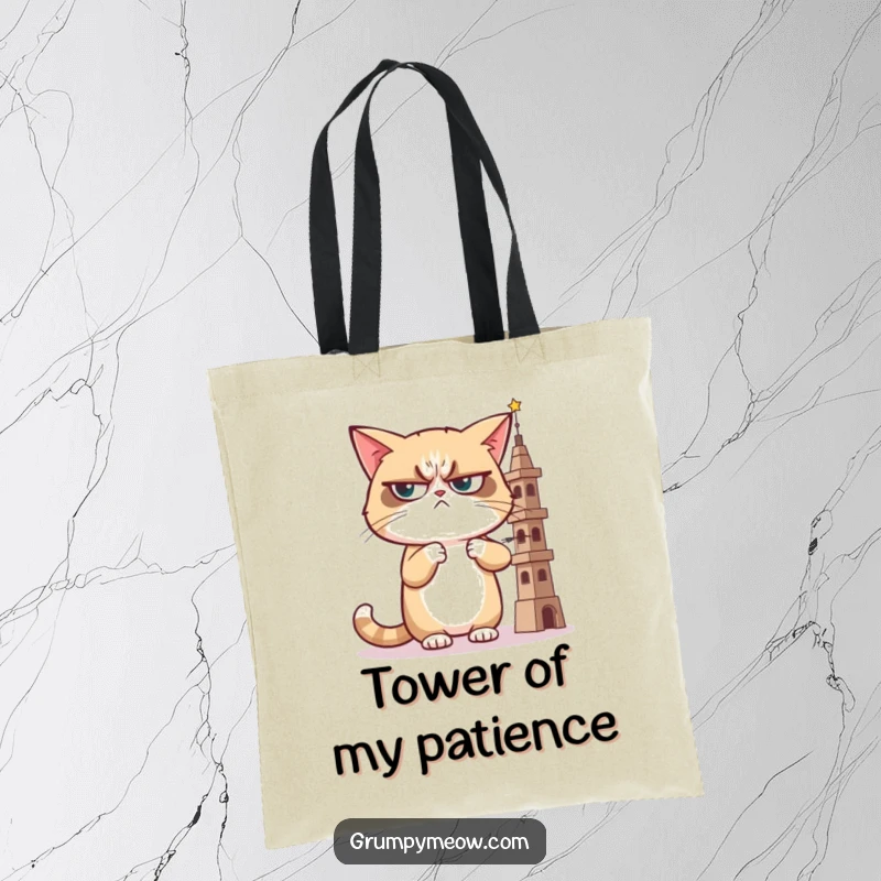 Funny tote bag with a grumpy cat giving a sideways, judgmental glance at a wobbly tower, ideal for carrying items with critical flair.
